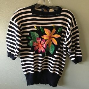 vintage 20ans striped floral sweater top w/ parrots